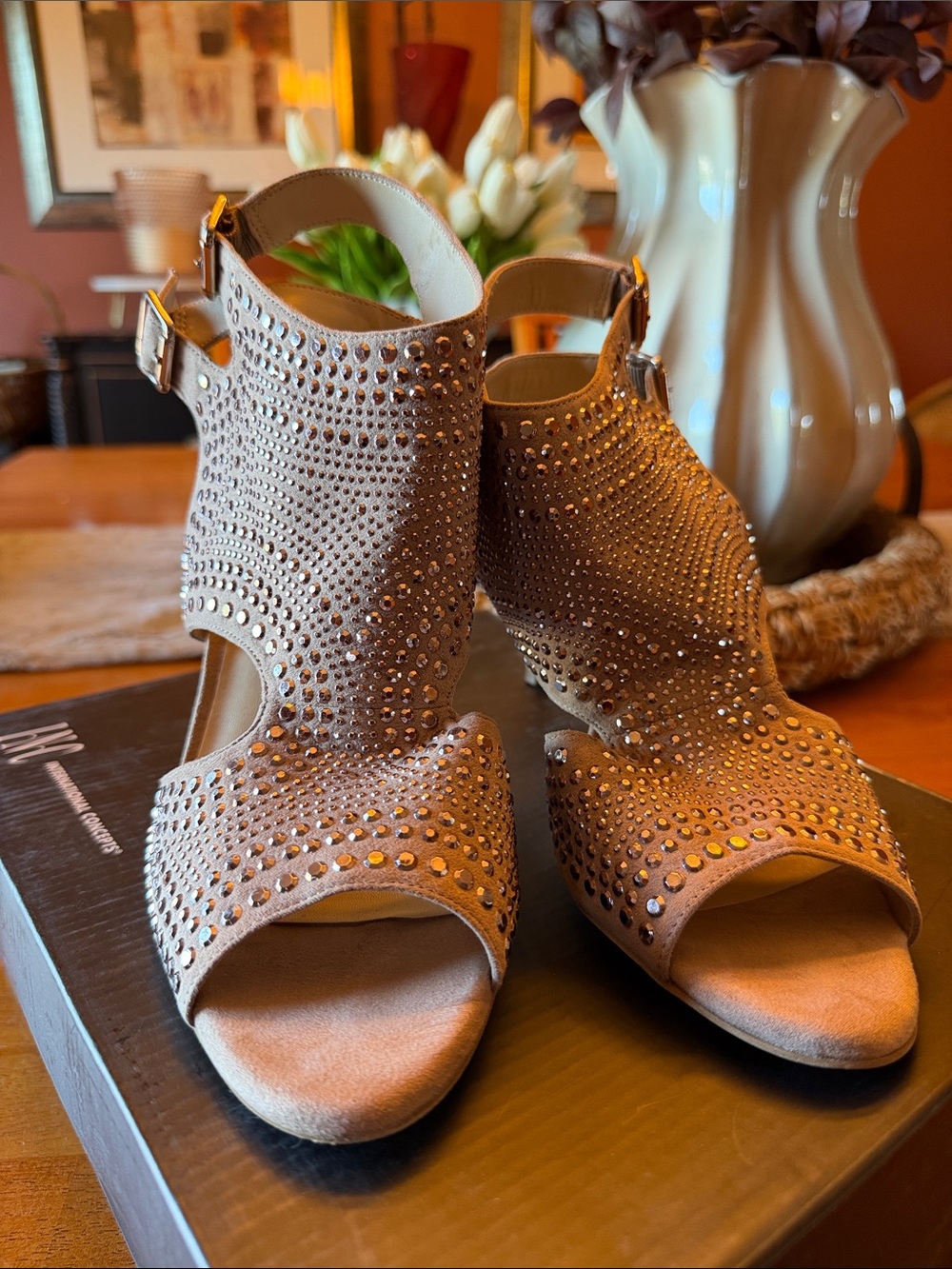 INC International Concepts Nude Suede Studded Open-Toe Heels